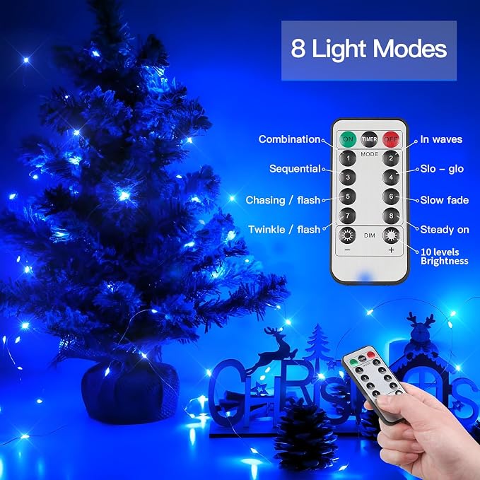33ft 100 LED Outdoor String Lights, Blue Fairy Lights Battery Operated with Remote, Led Twinkle Lights for Bedroom, Backyard, Wedding, Tree, Mason Jar, Wall, Centerpiece, Christmas