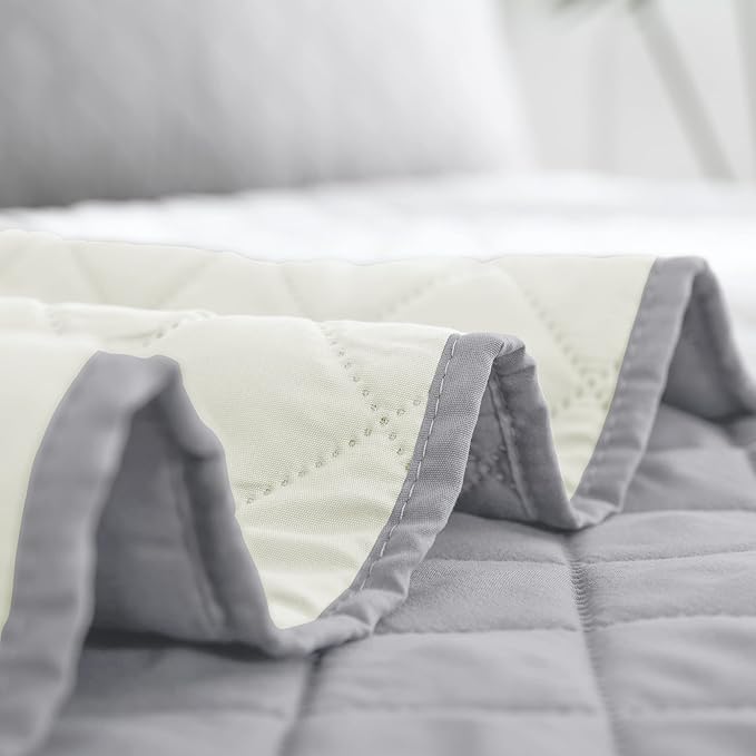 Easy-Going Full/Queen Size Reversible Quilt Set with 1 Quilt and 2 Pillow Shams, Soft Bed Quilt Cover, Water Resistant Lightweight Microfiber Bedspread, Stain Resistant, Light Gray/Ivory