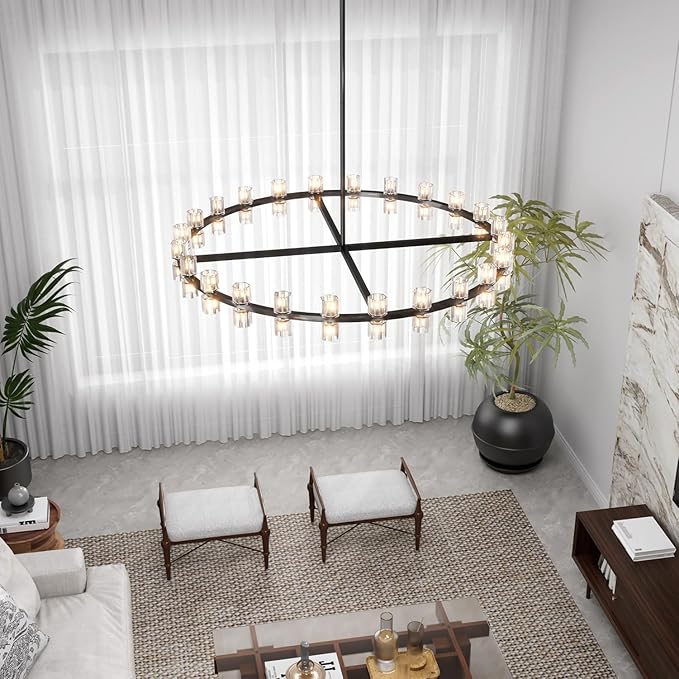 Dia 48" Large Wagon Wheel Chandeliers, 48-Lights Farmhouse Pendant Light Fixture Black Chandelier for Living Room Dining Room Kitchen Island Foyer Entryway