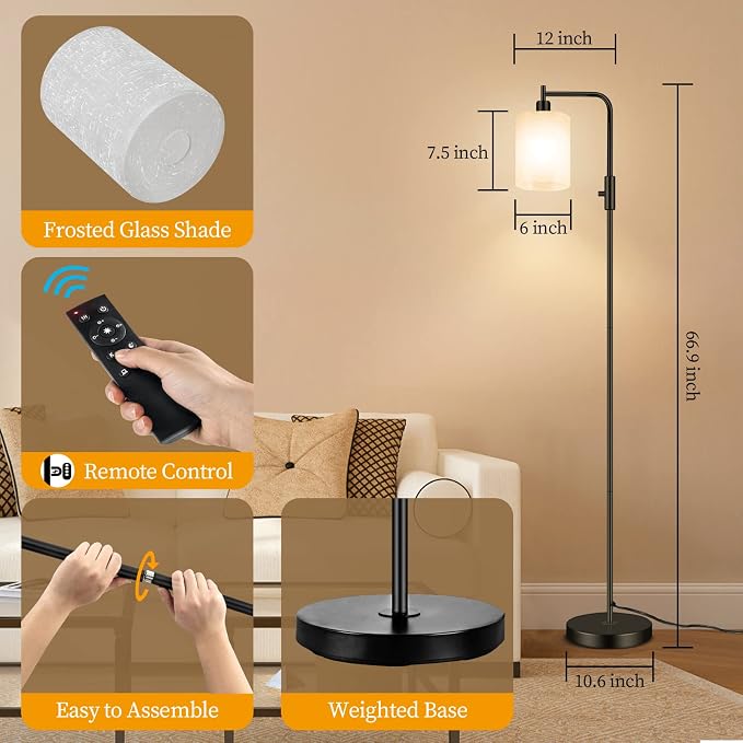 Industrial LED Floor Lamp,Black Metal Dimmable Lamp for Living Room, Bedroom, Office,Remote Control Tall Reading Lamp for Sofa or Desk, Milkly Glass Shade for Home Decor (Industrial, Glass)