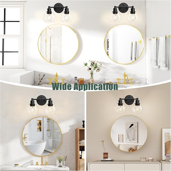 2 Light Bathroom Light Fixtures Black Vanity Lights, Farmhouse Bathroom Vanity Lights 2-Light Matte Black Globe Bathroom Vanity Lighting Fixture Over Mirror