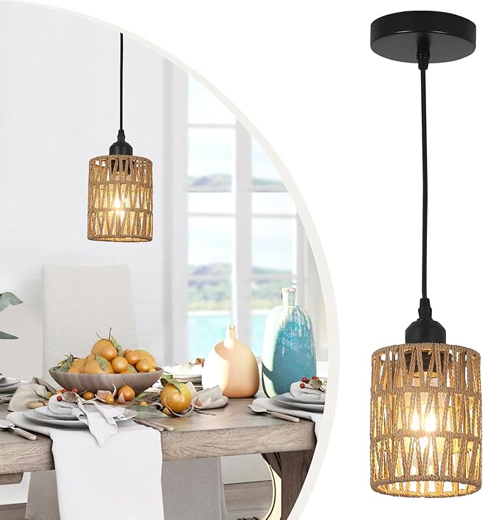 1-Light Rattan Pendant Lights, Boho Farmhouse Pendant Lighting with 4.7×5.9in Hand Woven Shade, Small Wicker Light Fixture Ceiling Hanging for Dining Room Kitchen, Height Adjustable up to 61in