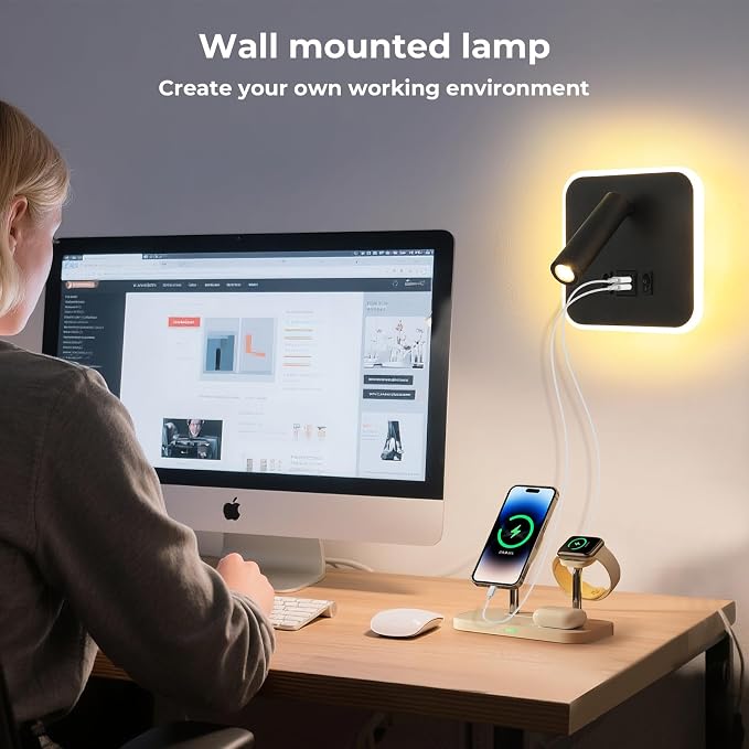 LED Wall Sconce Plug in With Wall Mounted Reading Lights,Modern Black Wall Lamp for Bedroom With Charging Station USB C+A Ports,Headboard Bedside Lamp for Living Room With 3W+9W Night Light