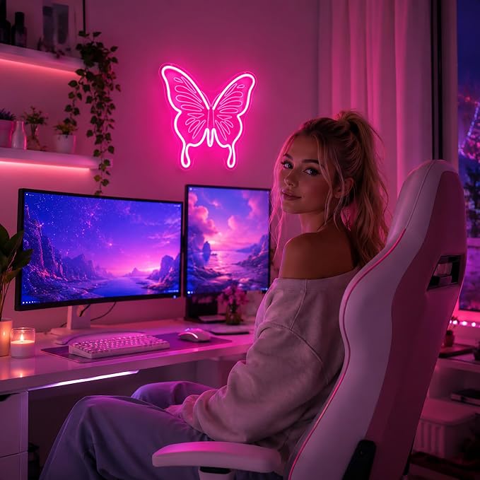 Neon Sign, Butterfly Neon Signs for Wall Decor LED Signs Neon Light | Butterfly Neon Sign, Pink LED Signs for Bedroom, Living Room, Party, Club, Bar, Home Decor, Pink Decor, Gift, USB Powered