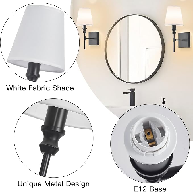 Vintage Bathroom Wall Sconce,Hardwired Bedside Wall Sconces Set of 2,Black Bathroom Light Fixture with White Fabric Shade for Bedroom Living Room Hallway Farmhouse,Convertible Height,E12 Base