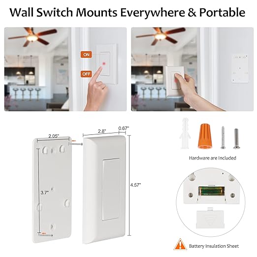 Suraielec Wireless Light Switch and Receiver Kit, 15A High Power, No Wiring, 100ft RF Range, Programmable Remote Control 3 Way Wall Switches for Lamp, Ceiling Light, Fan, Outdoor Lighting
