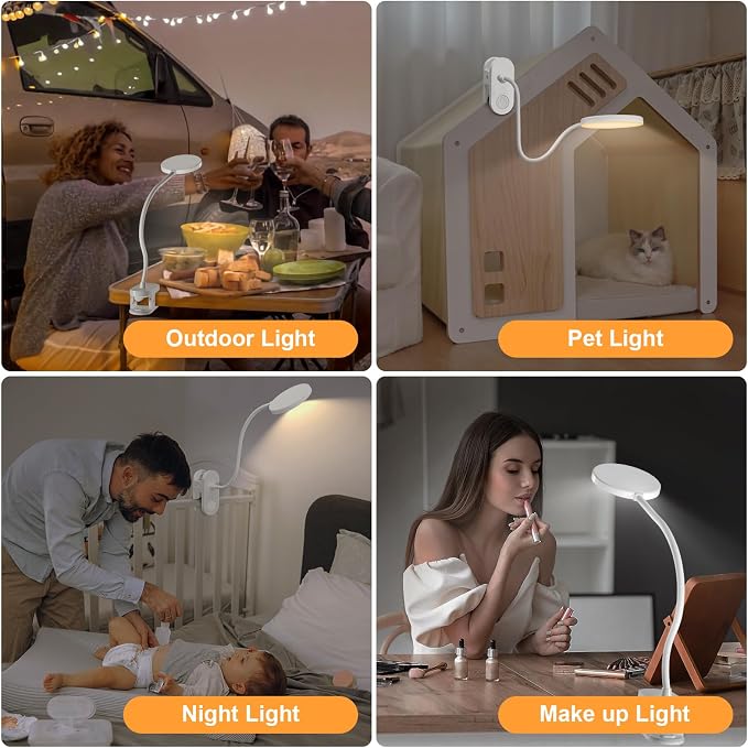 Rechargeable Desk Lamp with Clamp, 97 LED Bright Clip on Light with 3 Color & 10 Brightness, Cordless Desk Light for Home Office Bed Book Reading Crafting Sewing Drawing Knitting Puzzle (White/4.7'')