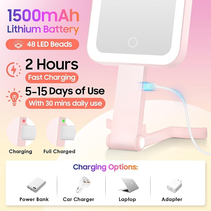 Magnifying Travel Mirror with Light, 30X/1X Double-Sided Magnifying Mirror with 3 Color Lights, Brightness Adjustable,Foldable Handheld Makeup Mirrors Portable for Travel and Desktop Use, Pink