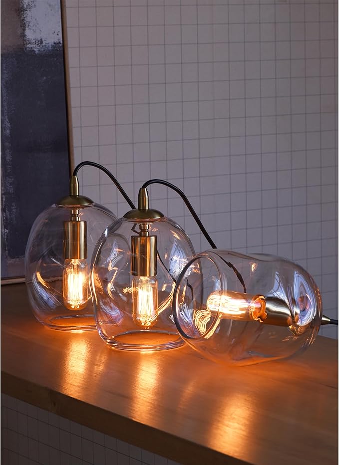 CASAMOTION Modern Glass Pendant Light Kitchen Island Brass Gold Blown Clear Glass, Organic Globe Design Industrial Contemporary Style Sink Bar Counter Porch Small Medium Lamp 8 Inch H