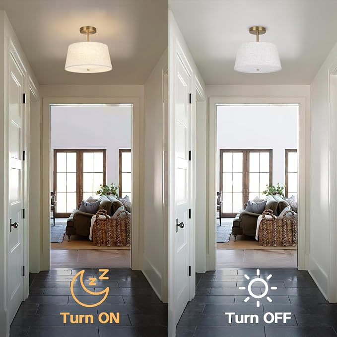 CALOKES Cone-Shaped Semi Flush Mount Modern Ceiling Light Fixture, 3-Light Drum Lamp with Gold Brass Finish and Beige Fabric Shade for Bedroom, Kitchen, Dining Room, Hallway, Entryway, and Foyer