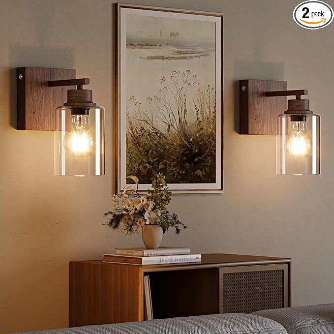 Rayogale Walnut Battery Operated Wall Sconce Set of Two with Remote Control | Dimmable Rechargeable Wall Lights with Timer, Easy Install Glass Lamp for Living Room Bedroom, Emergency 3000K