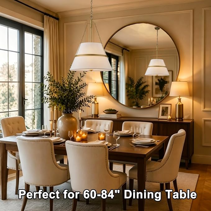 20" Gold Drum Chandelier for Dining Room, White Linen Shade Pendant Light | Modern Transitional, Large Fabric Drum Design, 4-Light, 3 Side Chains, for Kitchen Island,Adjustable Height,19.69"W × 26.38"H
