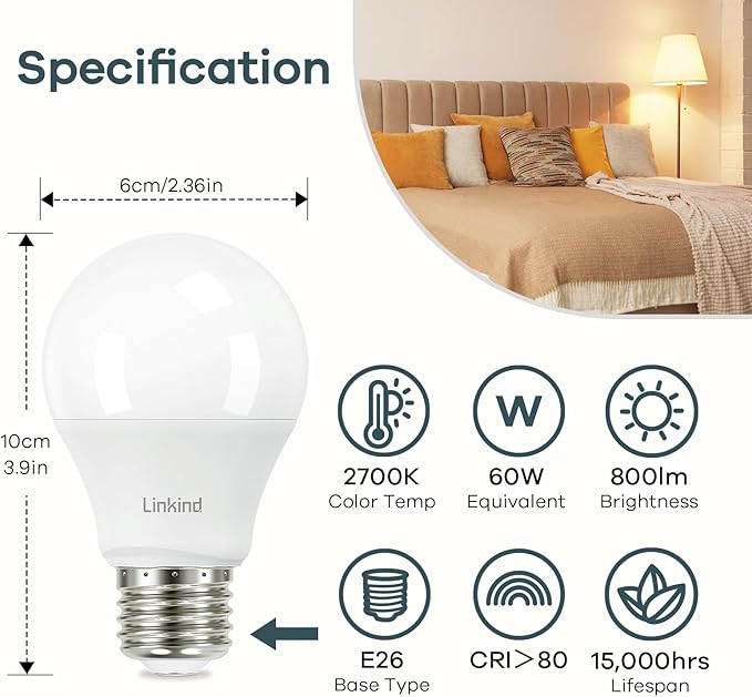 Linkind A19 LED Light Bulb, 60W Equivalent, 9W 2700K Soft White, 800 Lumens Non-Dimmable, E26 Standard Base, Energy Efficient UL Listed for Bedroom Home Office, 12 Pack