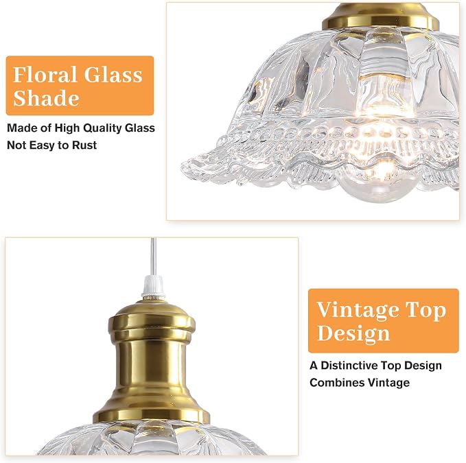 Gold Pendant Light, Vintage Pendant Light Fixture with Clear Glass Shade, Champagne Bronze Pendant Lighting for Kitchen Island, Dining Room, Bedroom, Living Room, Entryway, Hallway