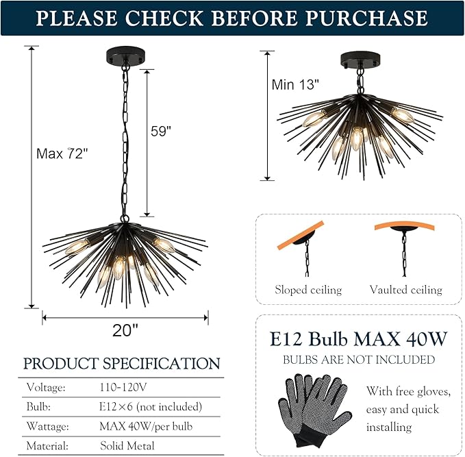 Black Sputnik Ceiling Light Fixture 6-Light Starburst Chandelier Ceiling Light Mid-Century Modern Satellite Chandelier Solid Metal Urchin Chandeliers for Entry Dining Room Kitchen Sink