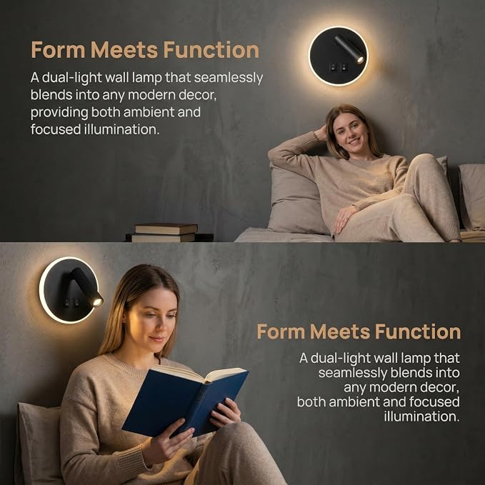 DEC LUCE DECOLUCE LIGHTING Modern Minimalist LED Wall Sconce,Hardwired 2-Light Reading Backlight,Dual Light Control (3W/240lm+6W/480lm), Swing Arm Wall Light Fixtures for Bedroom/Bedside(Black)