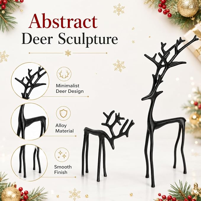 2 Pcs Christmas Reindeer Figurines Decor Xmas Tabletop Ornaments Black Deer Statue Ornament Imitation Metal Christmas Reindeer Statues for Living Room Patio Home Office Garden Backyard Decoration