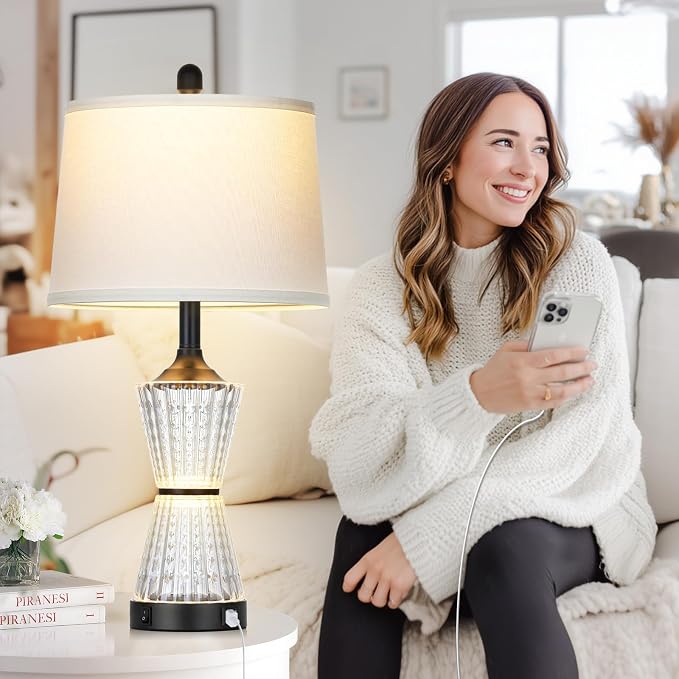 Modern Table Lamps for Living Room, 26" Tall Black Table Lamp with 2 Textured LED Night Light, 2 USB Charging Port & AC Outlet, Bedside Lamps for Bedroom Nightstands End Table Office, 2 Bulbs Included