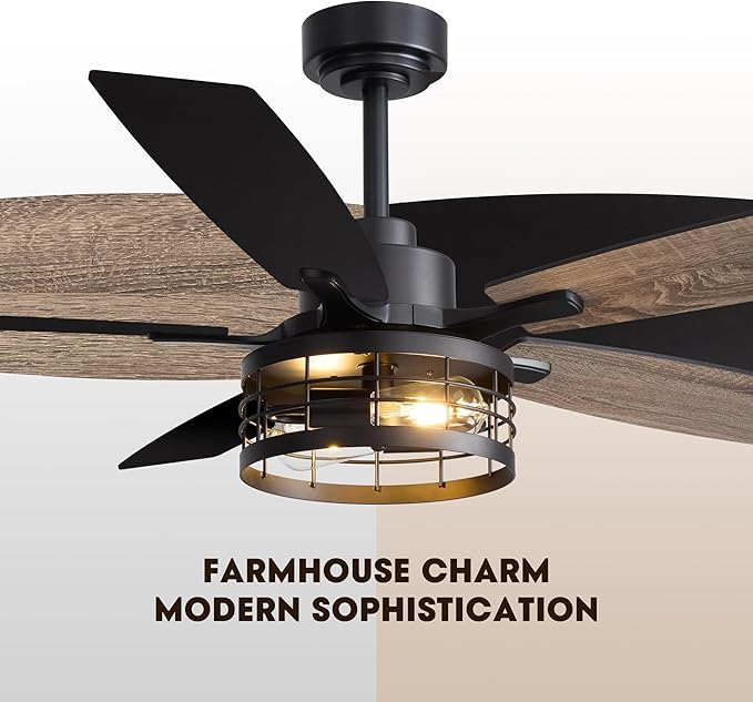 52 Inch Ceiling Fans with Lights and Remote & APP Control, Farmhouse Ceiling Fan Lights for Bedroom Living Room and Patio, Black Caged Ceiling Fan for Indoor and Outdoor (No Bulbs)