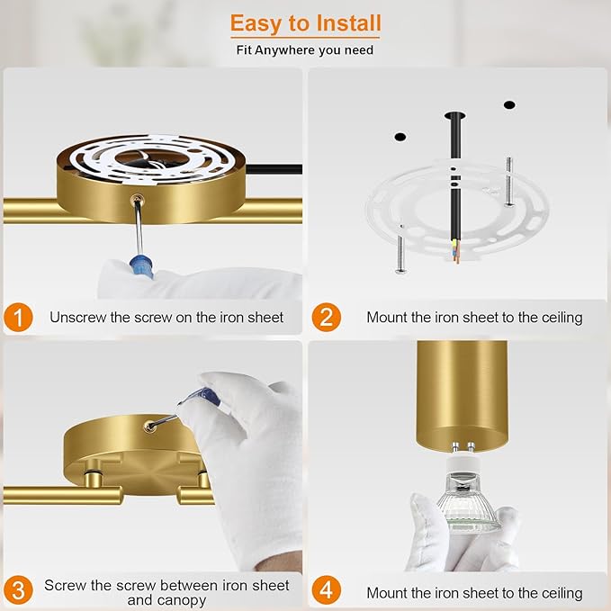 Plug in Track Lighting LED, Track Lighting Fixtures Ceiling, Gold 8-Light Kitchen Light Kit, Plug in Wall Light with 14.8ft Power Cord, Rotatable Ceiling Spotlight for Bedroom(GU10 Socket, NO Bulb)