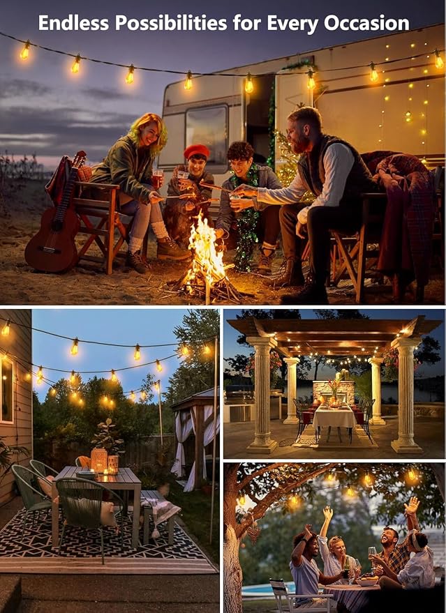 Brightown Outdoor String Lights, 50FT 15 Bulbs Shatterproof Patio Lights | IP65 Waterproof Dimmable Hanging Connectable LED Outdoor Lights for Backyard, Bistro, Porch, Deck, Balcony