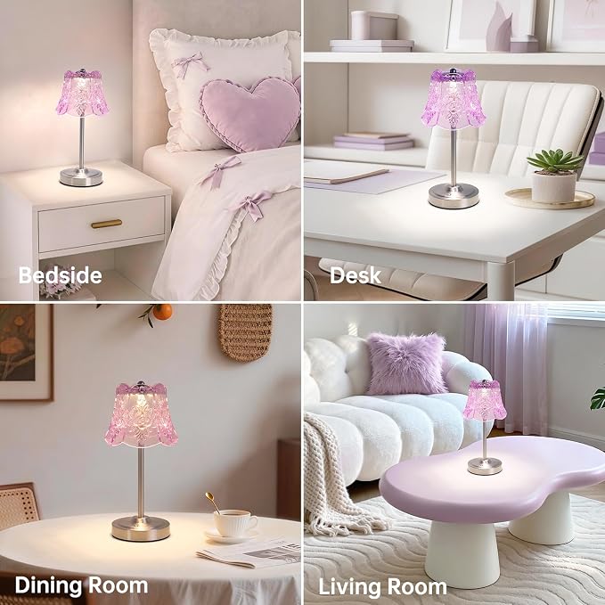 Shenmoyl Cordless Touch Table Lamp with 5200mAh Battery - 3 Adjustable Color Temperatures & Dimmable, Rechargeable Desk Lamp for Bedroom, Living Room, Office, Entryway, Bookshelves (Clear Purple Rose)