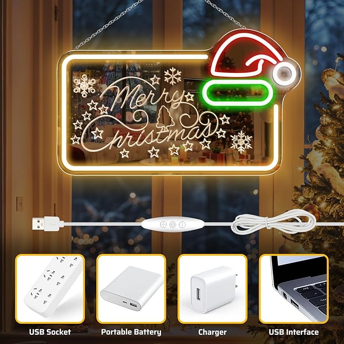 16.5 x 10’’ Mirror Merry Christmas Neon Sign, Carving LED Sign with Santa Hat, USB Powered Dimmable Switch for Xmas Party Kids Bedroom Bar Pub Club-Christmas Gift Decorations