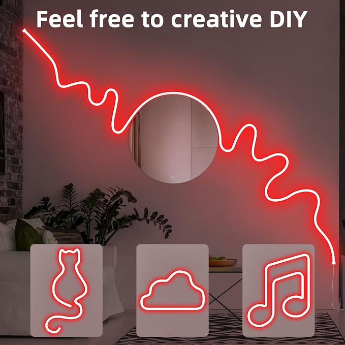Lamomo Red Led Strip Lights 32.8Ft, 2 Roll Neon Rope Strip 0.39In/Cut, 12V Flex Waterproof Silicone DIY Neon Sign for Kitchen Bedroom Commercial Decor, 6mm Width（Power Adapter not Included）