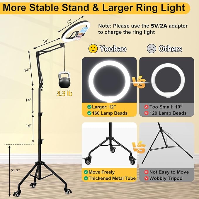 Yoobao 12" Ring Light with 81" Tripod Stand Folded Arm, Overhead Camera Mount Phone Holder with Casters, 3 Color Modes, LED Selfie Light for Video Recording Photography Live Streaming TikTok YouTube