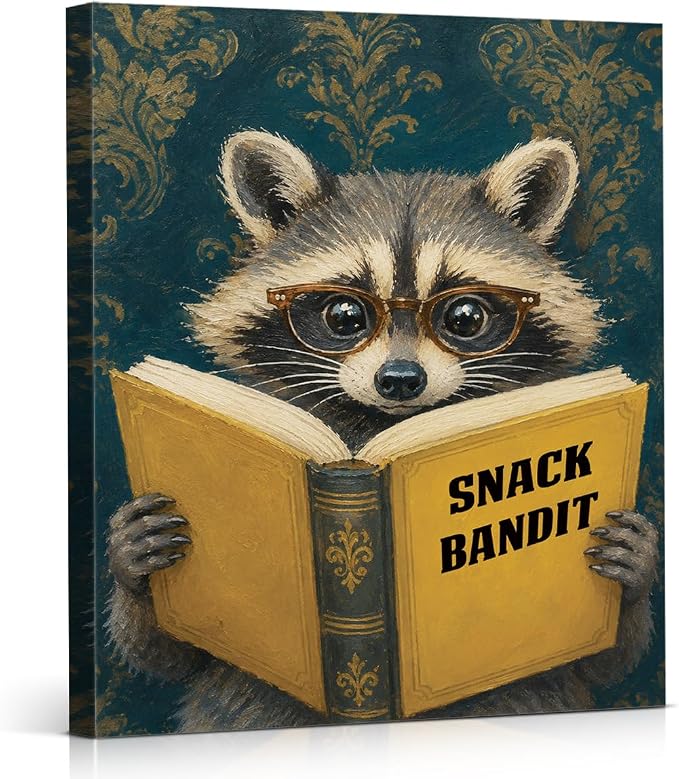 NSFBESSLIA Funny Reading Raccoon Painting, Whimsical Vintage Animal Decor, Snack Bandit, Cottagecore Wall Art for Living Room Bedroom Entryway, 8x10 Inch