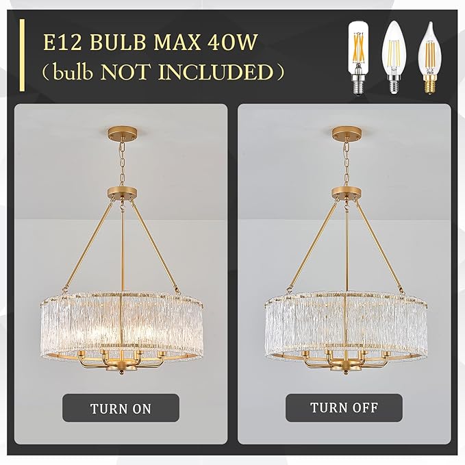 Gold Drum Chandelier 24.4" Modern Crystal Glass Chandeliers Luxury 8-Light Pendant Ceiling Chandelier Lighting for Dining Room Foyer Living Room Bedroom