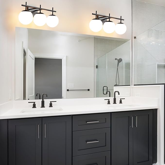 Black Bathroom Vanity Light, 3-Light Bathroom Lighting Fixtures Over Mirror with Milky White Globe Glass Shade, Mid Century Modern Vanity Lights Fixture Over Mirror 22.4 Inch