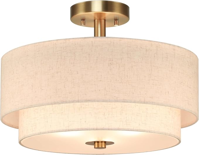XiNBEi Lighting 16" Semi Flush Mount Ceiling Light for Bedroom, Brass | 3-Light Double Drum Light Fixture, Linen Fabric Shade, Close to Ceiling Lamp, For Living Room Kitchen Entryway Hallway Foyer