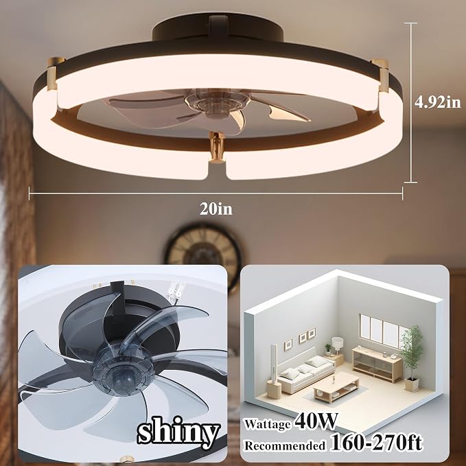 Smart Ceiling Fans with Lights Remote - 20'' WiFi Alexa Flush Mount Low Profile Modern Ceiling Fans for Bedroom - Stepless Color Temperature and 6 Speeds - Black
