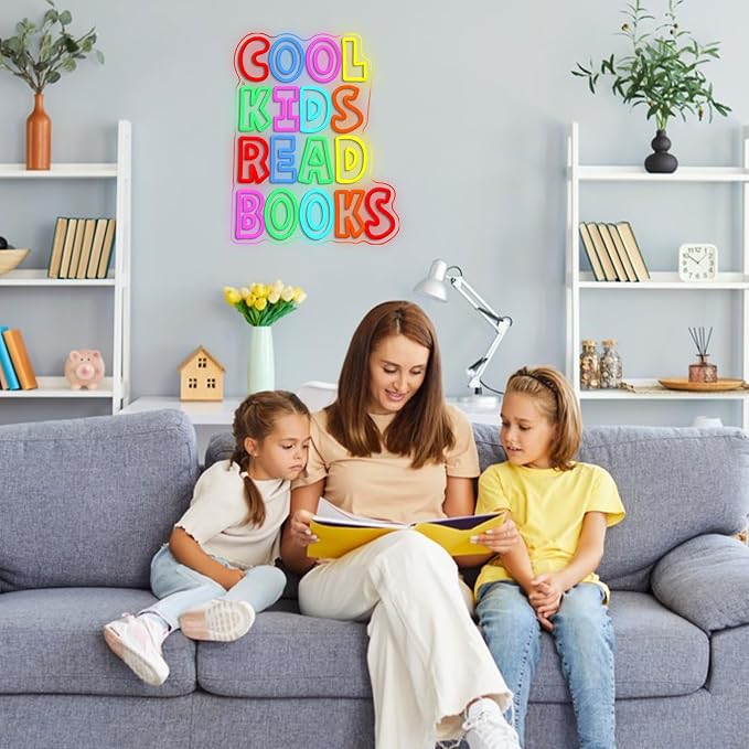 Cool Kids Read Books Neon Sign for Wall Decor Reading Letters Neon LED Light USB Powered Book LED Light Sign for Classroom Library School Girls Boys Room(12.6 * 16.54In)