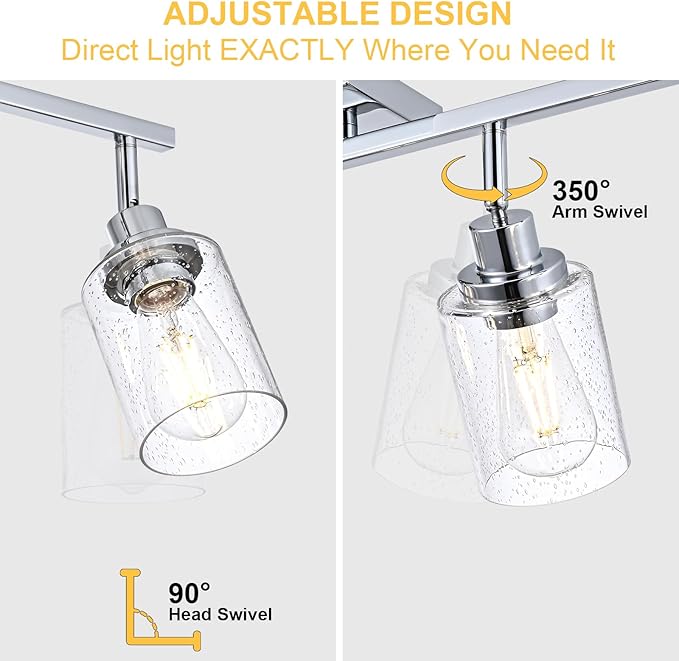 6-Light Track Lighting Kit Chrome Tracking Lights Fixture Ceiling Vanity Light with Seeded Glass Track Lighting Heads, Multi-Directional Rotating Spotlight Fixtures for Kitchen Accent Shop