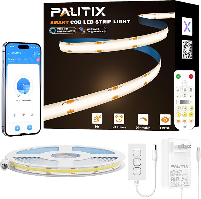 PAUTIX COB LED Strip Nautral White,4000K Dimmable LED Tape Light,CRI93+ Super Bright High Lumen,Compatible with Alexa/Google Assistant,Flexible Strip Ligths for Bedroom,Kitchen,Office,Under Cabinet
