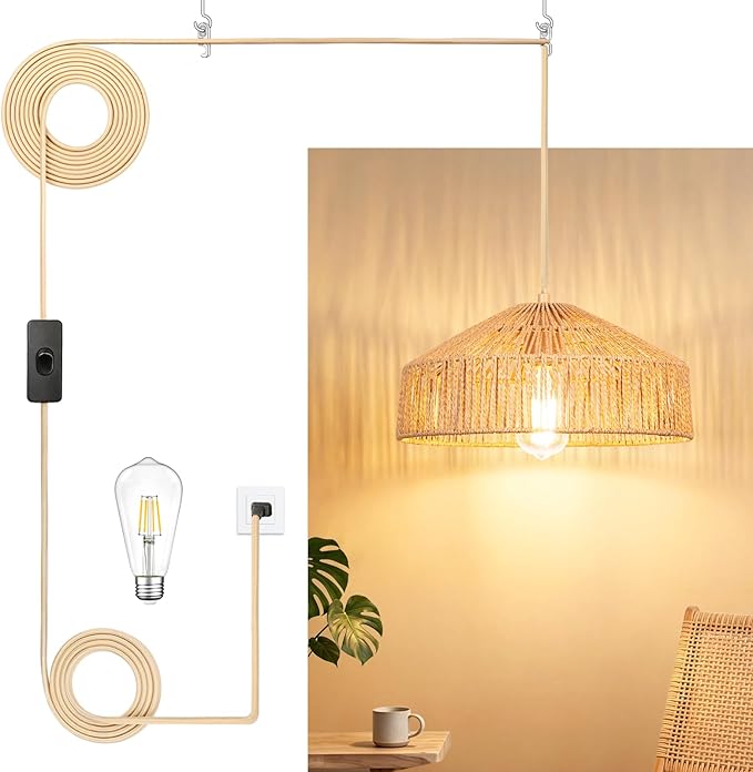 Qingmiao Boho Plug in Pendant Light, Handwoven Shade, 3 Way Bulb, 14ft Cord | Rattan Hanging Lamp Plug in, Dimmable Hanging Light Fixture for Living Room Bedroom Kitchen Ceiling Farmhouse Home Decor