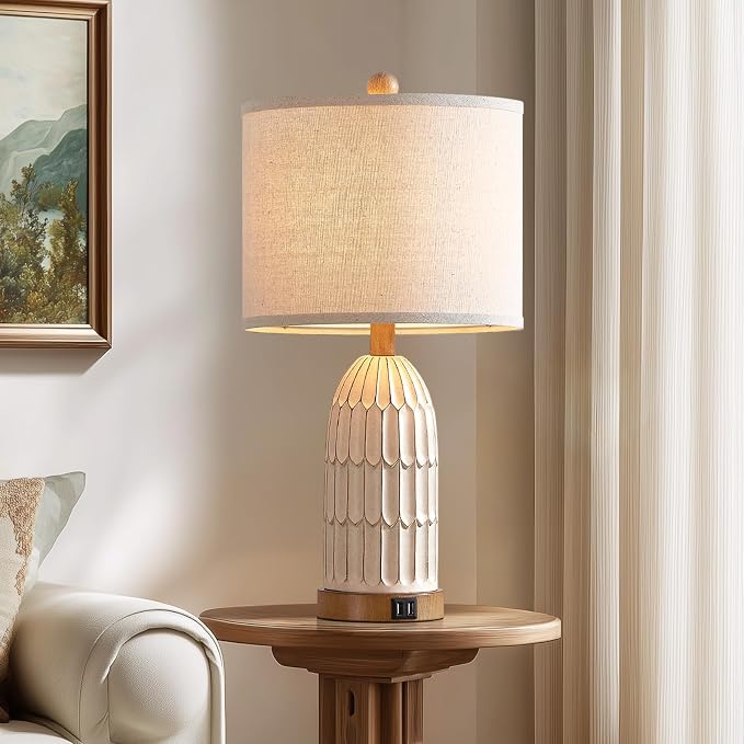 Touch Table Lamp for Bedroom Nightstand, Cream Farmhouse Vintage Rustic 3-Way Dimmable Bedside Lamps with 2 USB Charging Ports,Single Cream