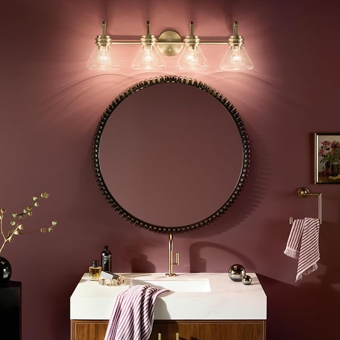 Kichler Farum 4-Light Bathroom Vanity Light, Champagne Bronze | Modern vanity light with clear glass for single or double bathroom mirrors (34" x 9.5" x 9.5"), 55156CPZCLR