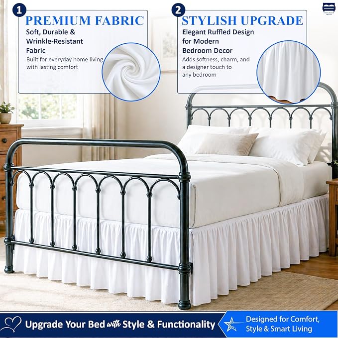 Ruffled Bed Skirt with Split Corners-Dust Ruffle - 24" Drop 100% Microfiber Soft,Sheen & Luxurious Look - Bed Skirts (White -Queen)