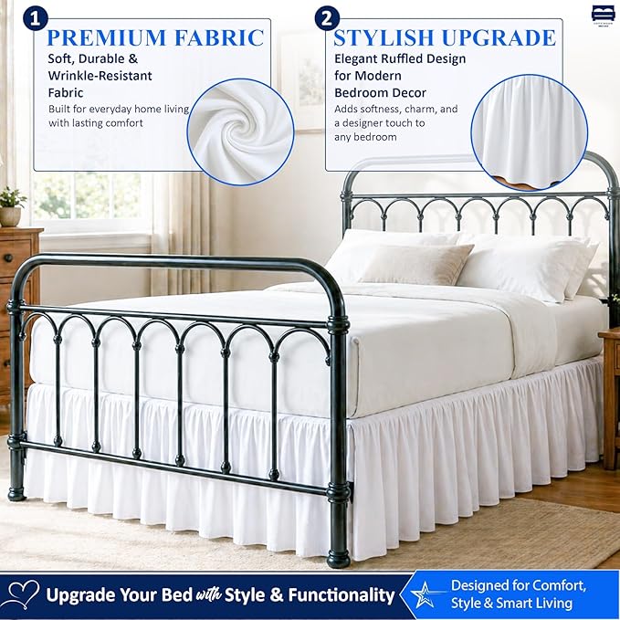 Cottingon Ruffled Bed Skirt with Split Corners-Dust Ruffle - 14" Drop 100% Microfiber Soft,Sheen & Luxurious Look - Bed Skirts (White -Full)