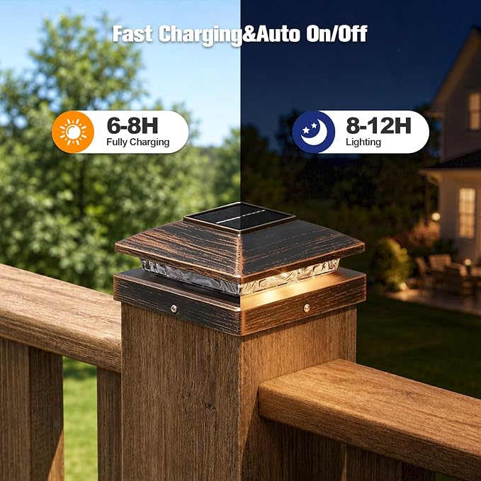 APONUO Solar Post Cap Lights for 4x4 Posts - IP64 Waterproof, Warm White, Wireless Fence Lights & Deck Lights for Patios, Gardens, and Yards, Brushed Copper, 12 Pack