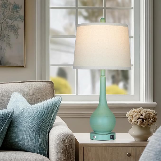26" Farmhouse Table Lamps for Living Room Set of 2, 3-Way Dimmable Touch Control Bedside Lamp with USB A+C Ports, Retro Green Nightstand Lamps for Bedroom (2 LED Bulbs Included)