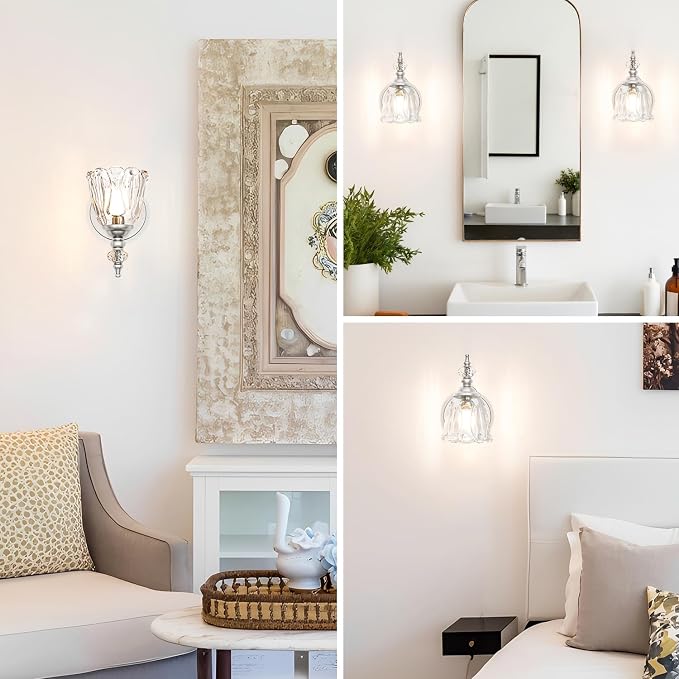Vintage Wall Sconces Set of Two, Brushed Nickel Bathroom Vanity Light Fixtures, Hardwired Sconces Wall Deco Set of 2, Glass Wall Lights for Bathroom, Bedroom,Hallway (Excludes G9 Bulb)