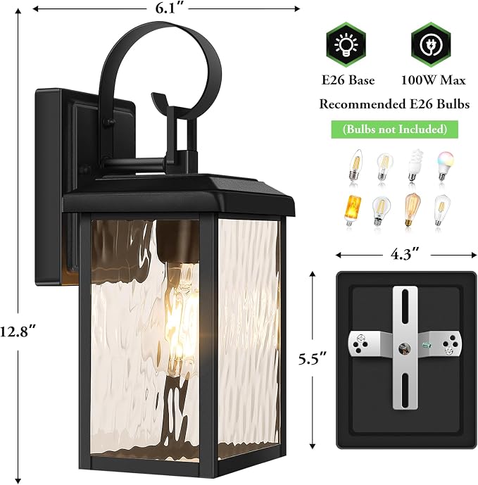 2-Pack Outdoor Wall Light Fixtures with Water Ripple Glass, Black | Waterproof, Rust-Resistant, Durable Metal, Standard E26 Socket, Easy to Install