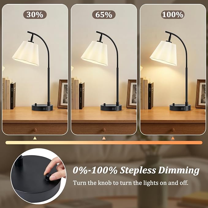 Table Lamps Set of 2, Stepless Dimmable Bedside Lamps with USB A&C Ports | Fabric Shade, Multi-Angle Rotatable Head, Lamps for Nightstand, Side Table, Dorm, Bedroom, Home Office, Elegant Home Decor