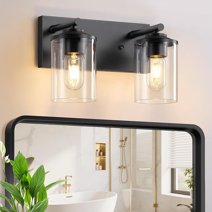 2-Light Black Bathroom Vanity Light, Modern Bathroom Lighting Fixtures with Clear Glass Shade, Bathroom Wall Mounted Lamps for Mirror, Living Room, Bedroom, E26 Socket