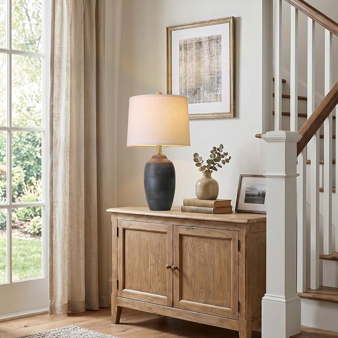 24.5" Vintage Ceramic Table Lamp for Living Room Black Single | Farmhouse Small Nightstand Lamps for Bedroom, Rustic Stone-Textured Ceramic, Home Decor for Bedside, Side End Table, Buffet