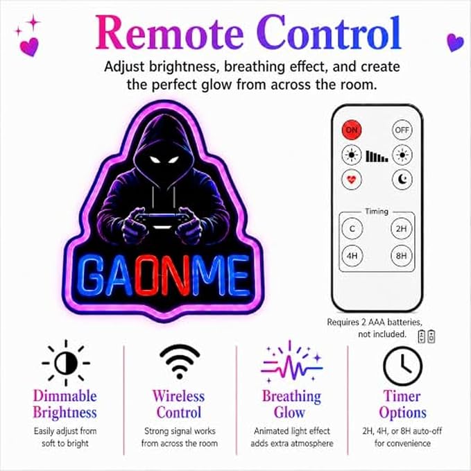 Game On Neon Sign: LED Light With Remote For Boy Room Decor | USB 5-Min Install - Dimmable Timer 2/4/8H Gaming Wall Decor for Man Cave Boys Teen Game Bedroom Basement